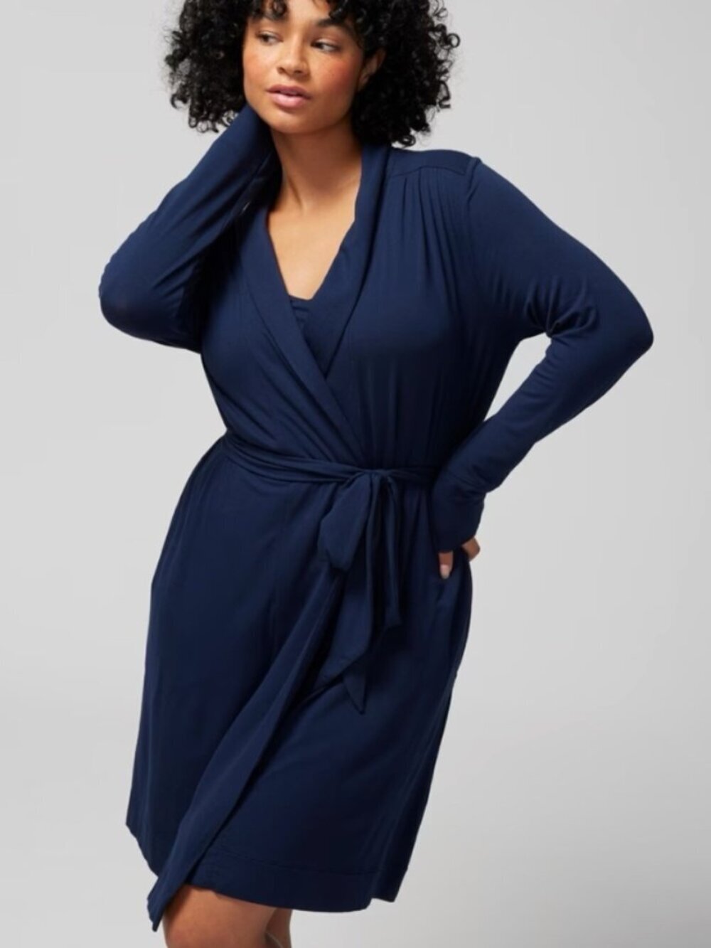 Soma Women's Size XXL Cool Nights Short Robe Navy Blue True Wrap Pockets Stretch